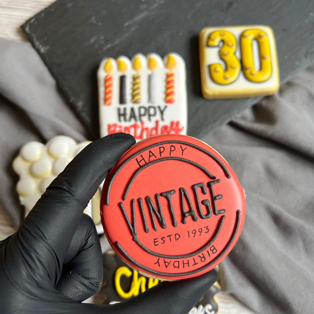 red iced biscuit reading vintage age 
