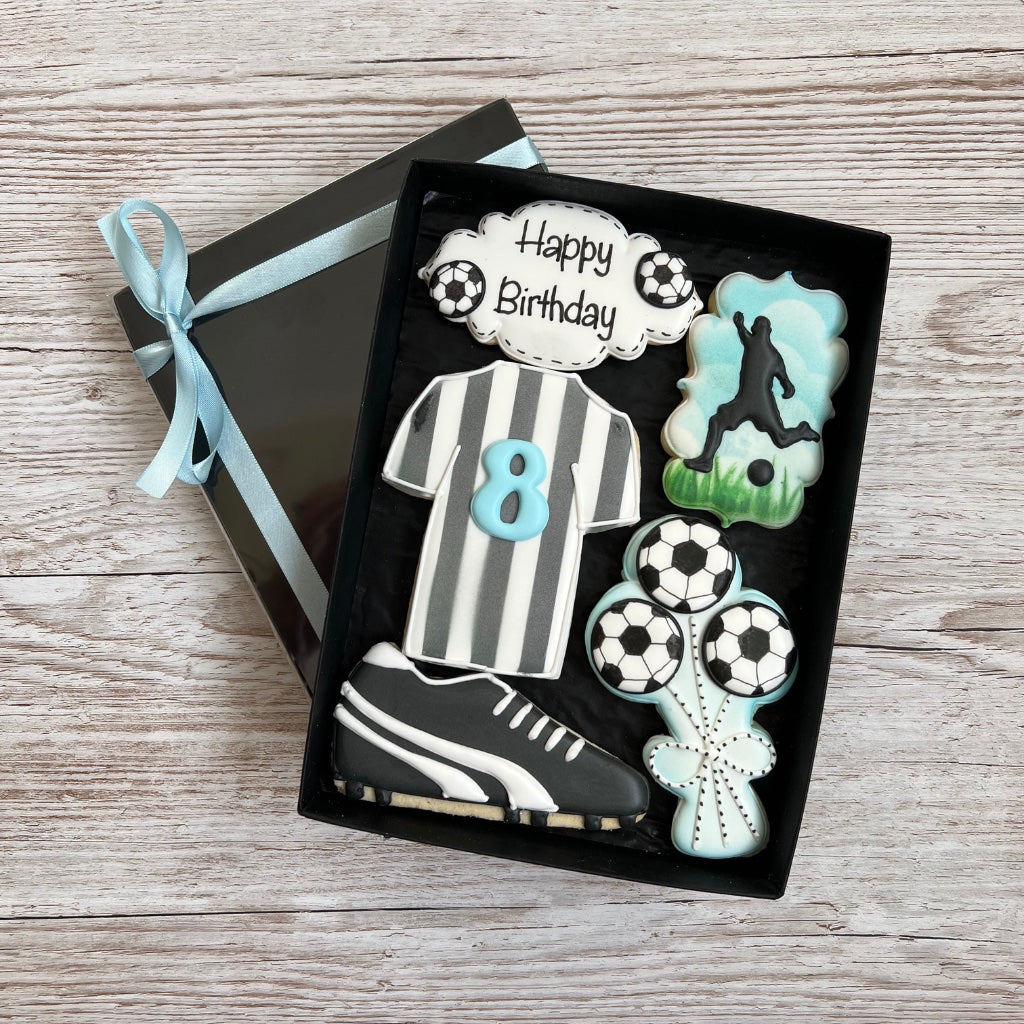 royal iced biscuits for football fan. foot ball boot, balloon and shirt shaped biscuits 